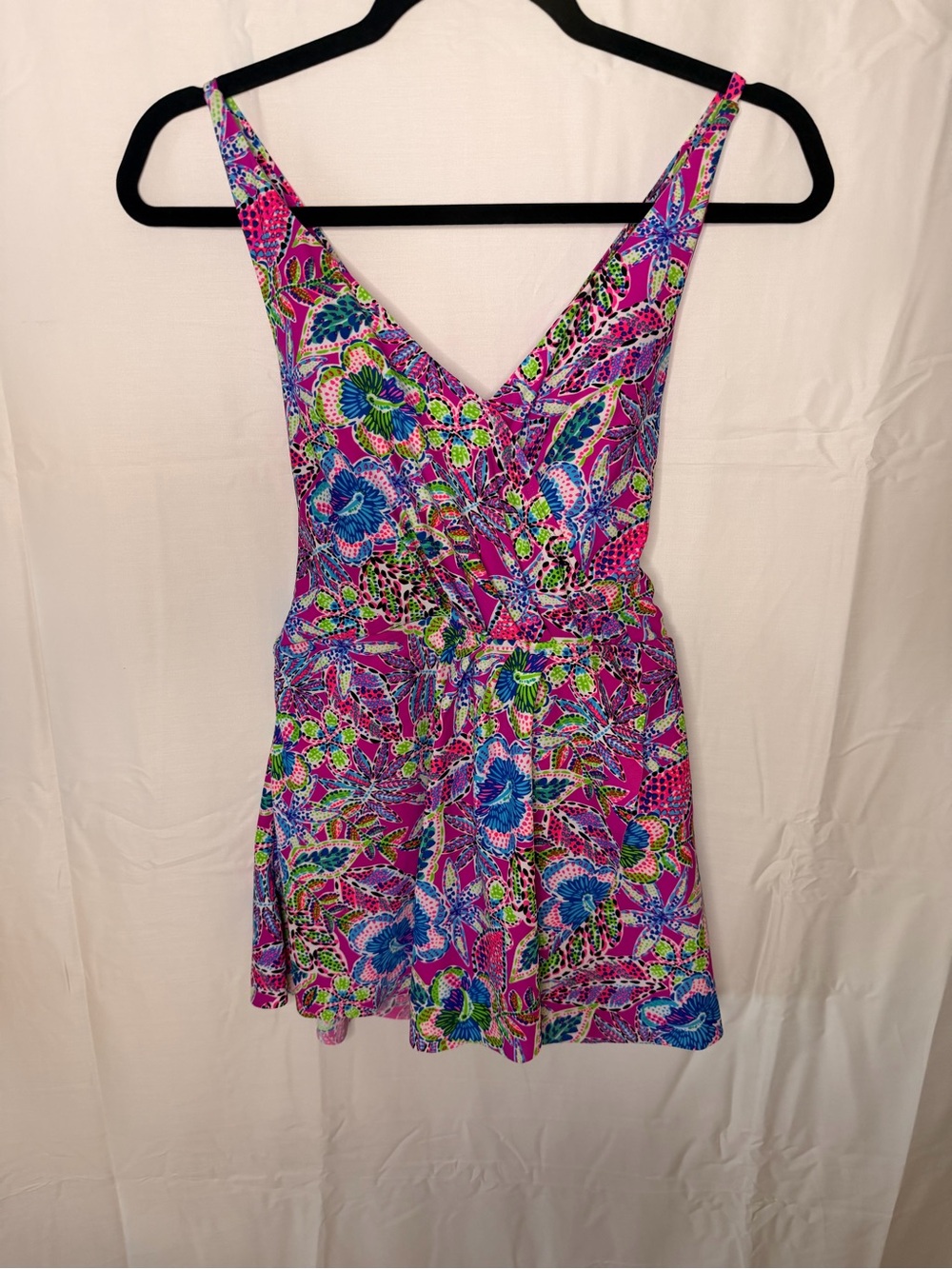 Vibrant Pink Floral One-Piece Swimdress with Blue & Green Accents